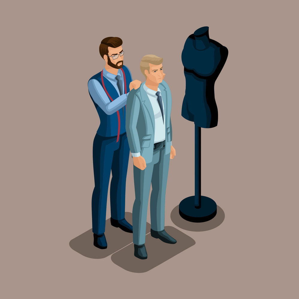 Tailor fitting a client' suit in atelier